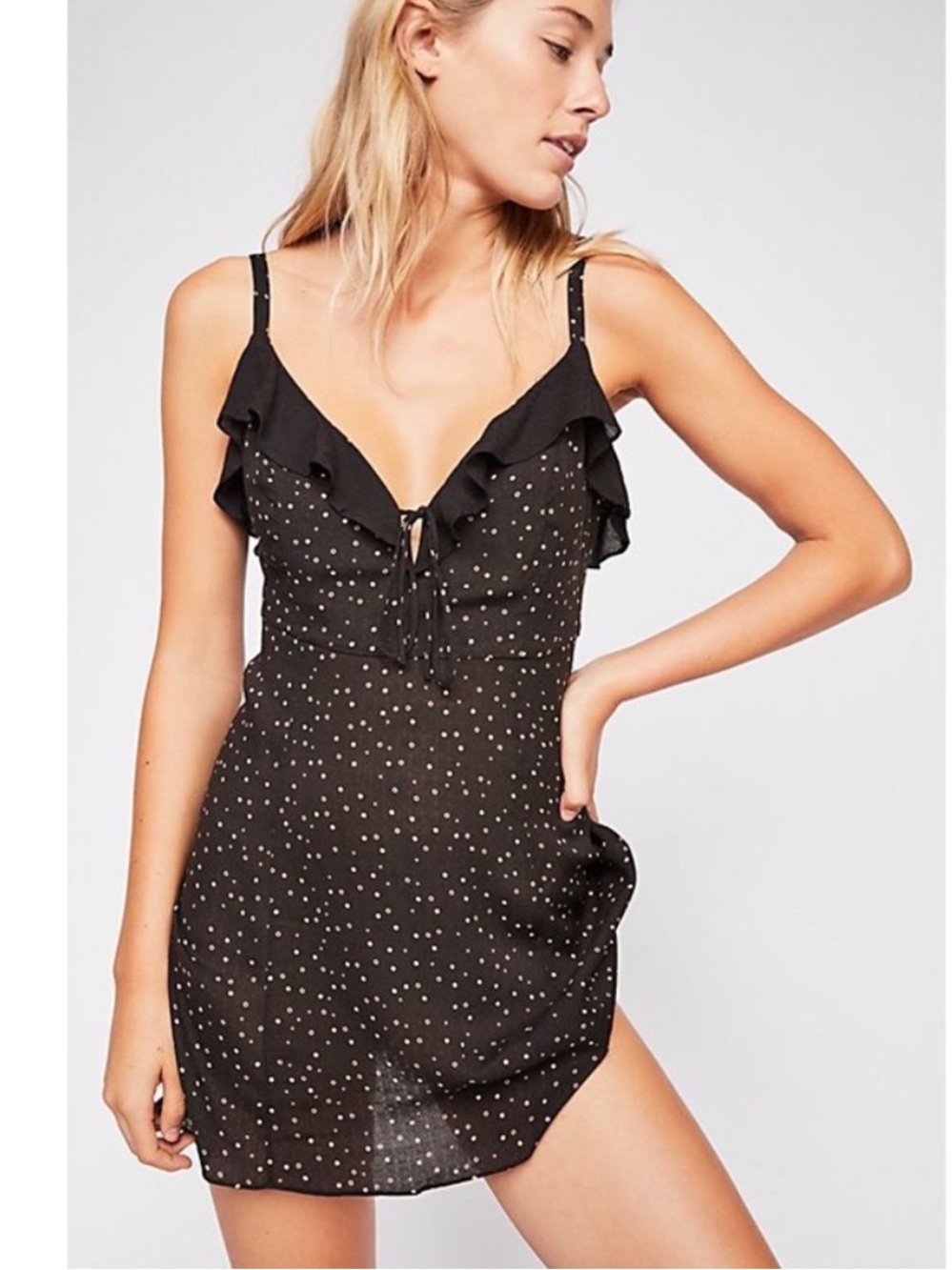 Intamitely by Free People ~Black Polka Dot Ruffle Camisole Dress
